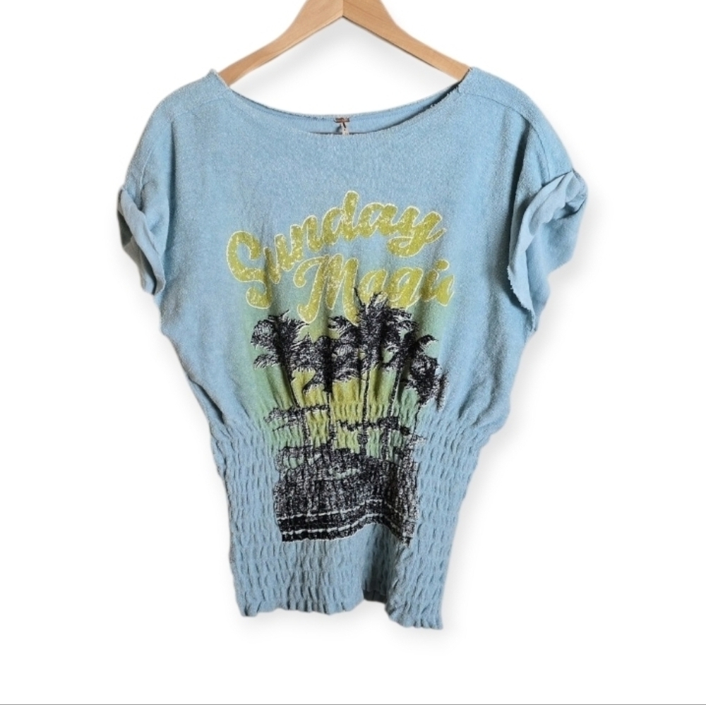 Free People Light Blue Palm Graphic Tank with Yellow Script